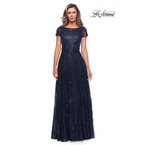 La Femme Womens Sequin Short Sleeve Lace A-Line Gown Size 12 in Navy MSRP $508